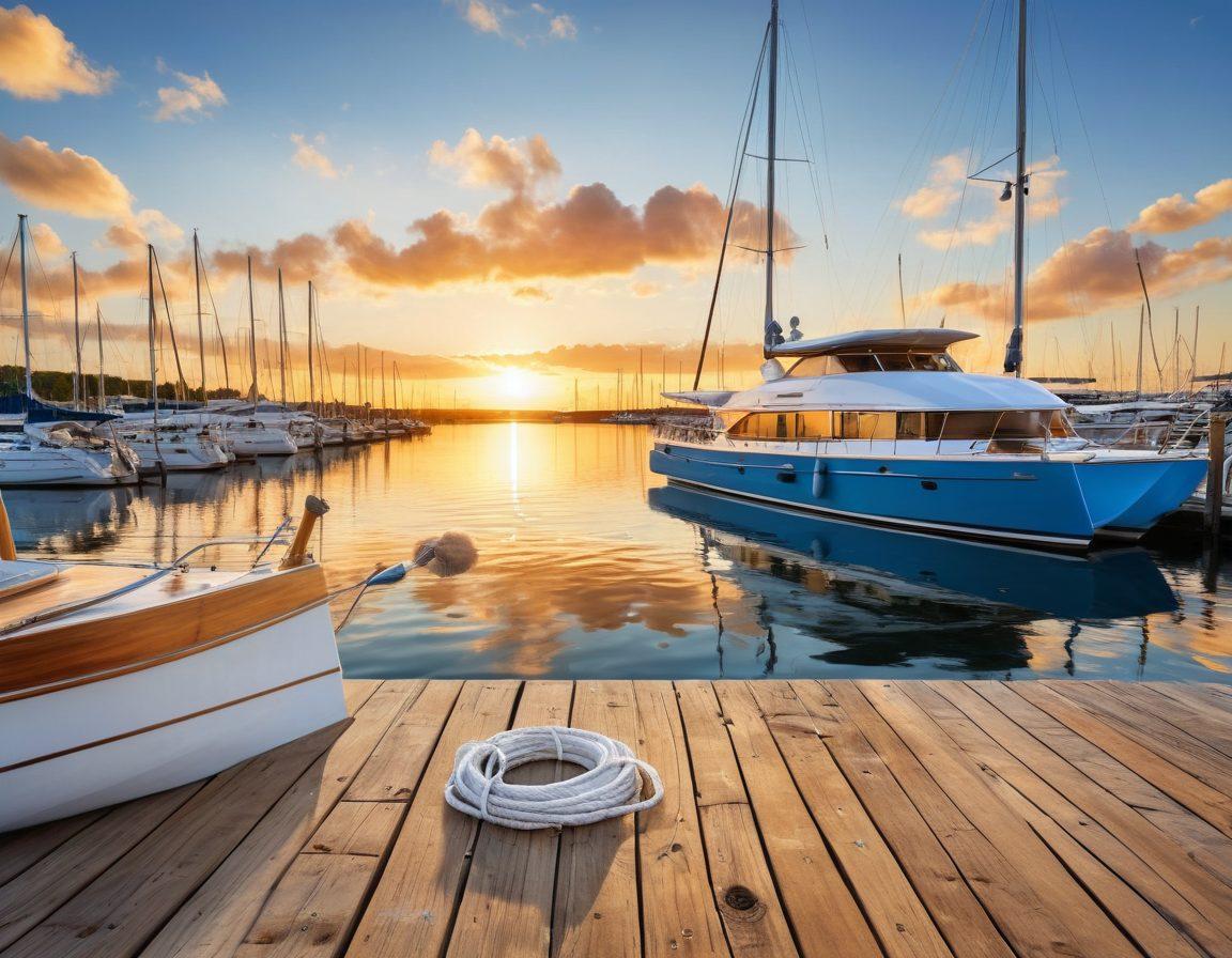 A serene marina scene with a sleek yacht anchored in calm waters, surrounded by nautical elements like life preservers and ropes. The sky is a vibrant blue with fluffy white clouds, and the sun is setting, casting a warm golden glow. Include a sailboat in the distance and an open insurance policy on a wooden dock in the foreground. super-realistic. vibrant colors. peaceful atmosphere.