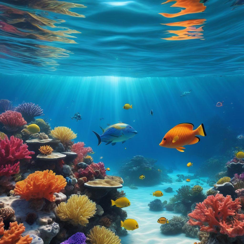 A serene marine landscape featuring a diverse range of marine life including vibrant coral reefs and colorful fish. Overlay this with key marine protection symbols like life buoys and policies reflected in the waves, combined with nautical elements such as ropes, compasses, and sailing boats. Soft sunlight illuminating the water and creating a tranquil atmosphere. super-realistic. vibrant colors. 3D.