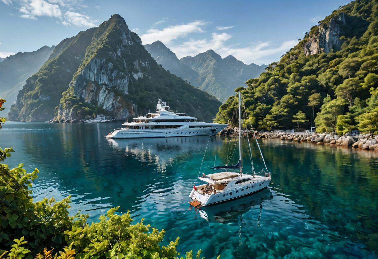 A serene harbor scene with a luxurious yacht gracefully floating on crystal-clear water, surrounded by gentle waves. A diverse group of people, including a seasoned sailor, a family, and an insurance advisor, are engaged in a discussion about yacht insurance options, with documents and a laptop on deck. Lush greenery and distant mountains create a stunning backdrop, symbolizing adventure and tranquility. A bright blue sky enhances the optimistic atmosphere of choosing the right coverage. super-realistic. vibrant colors. coastal theme.
